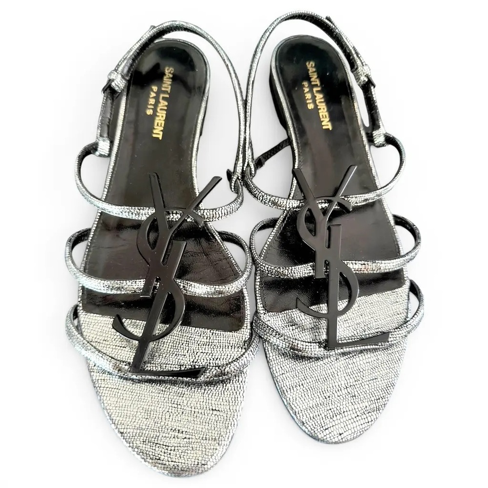 Saint Laurent Metallic Silver YSL Logo Strappy Sandals